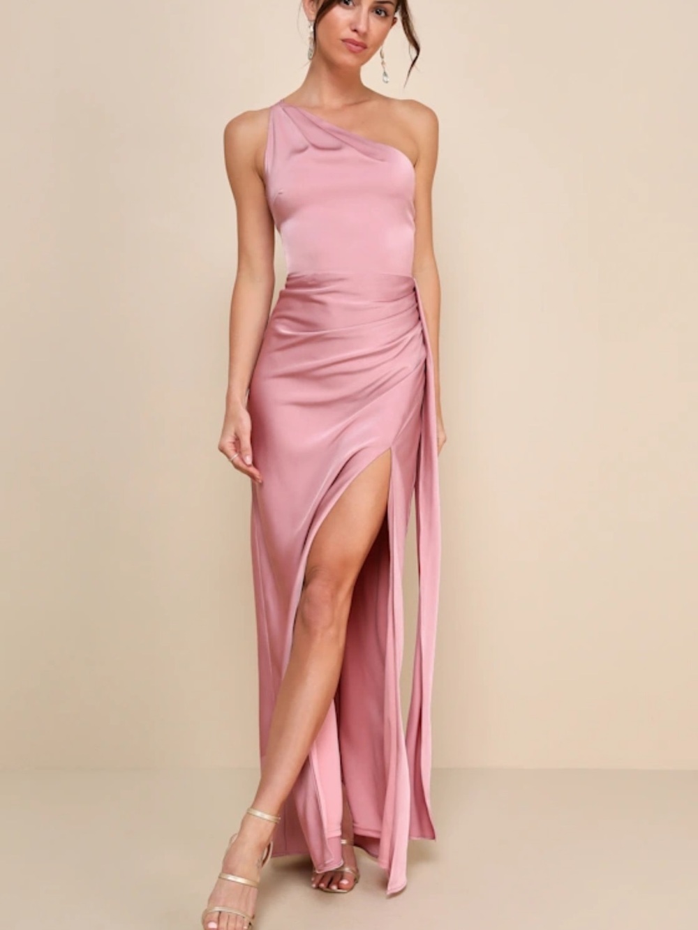Lulus One-Shoulder Pink Satin Maxi Dress with High Slit NWT